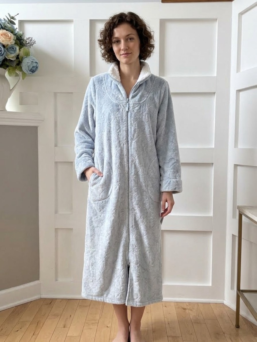 Charter Club Plush Full-Length Zip Robe in Light Blue